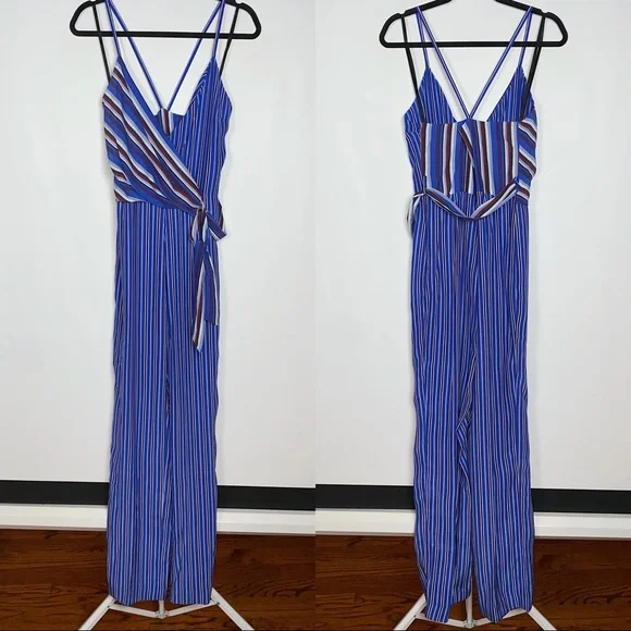 NEW Rag & Bone Felix Striped Blue Silk V Neck Jumpsuit $595 Size 0 - Picture 2 of 13